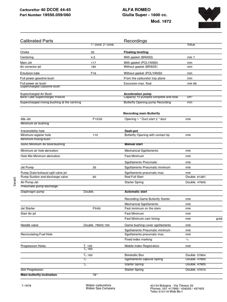 ClassicCarbs - Co .Uk Weber Adjustment Data Sheet For Carburetor 19550. ...