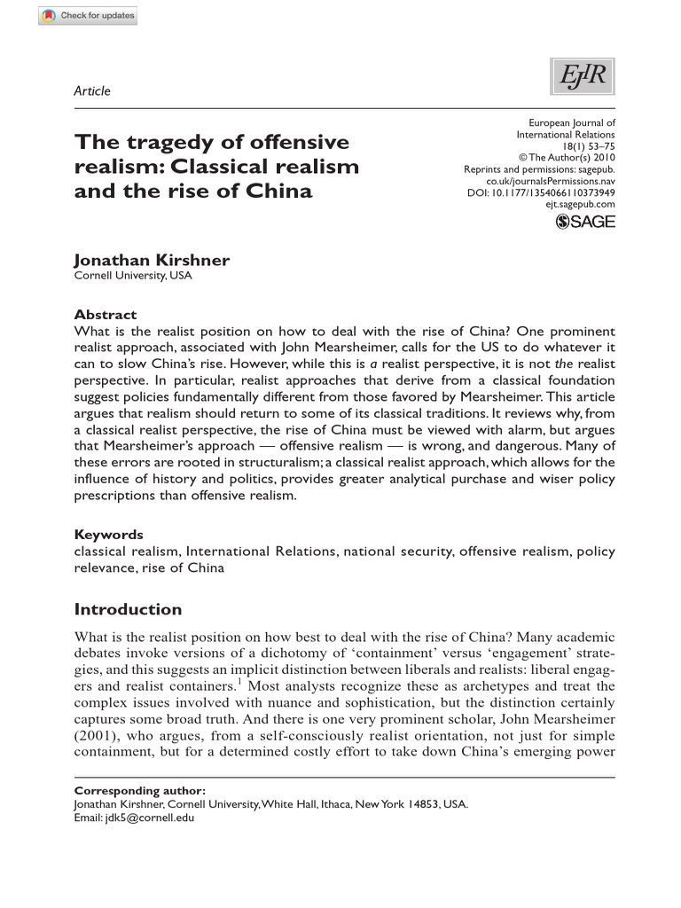 Kirshner 2010 The Tragedy Of Offensive Realism Classical Realism And 