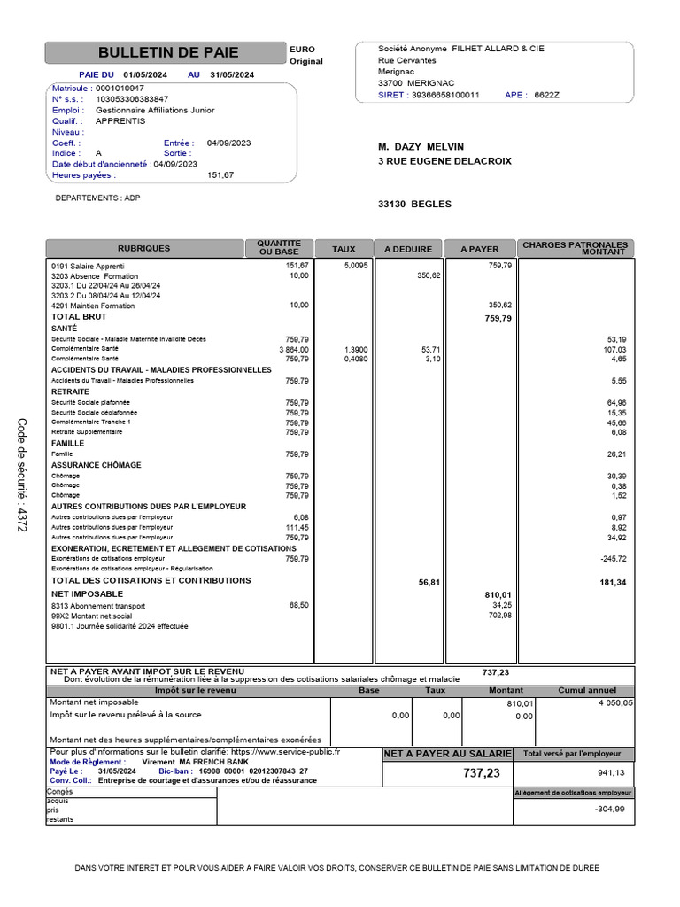 Bulletin de paie mai 2024 | PDF | Impôt sur le revenu | Bulletin de ...