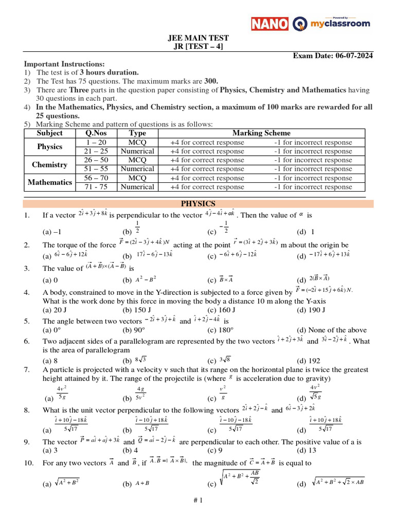 JR Mains TEST - 4 06-07-2024 With Sol | PDF | Velocity | Acceleration