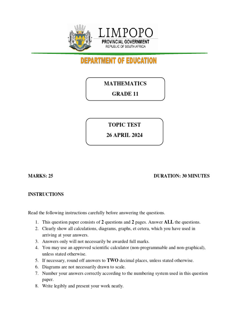 Grade 11 Mathematics Topic Test | PDF