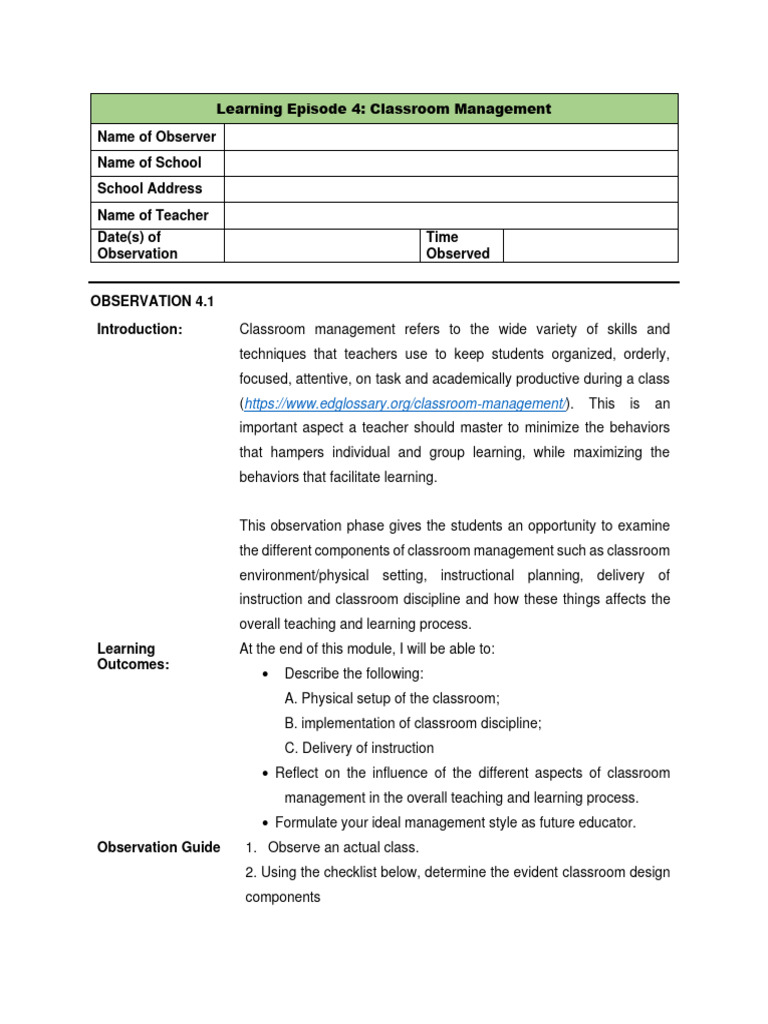 Classroom Management Observation Guide | PDF | Classroom Management ...