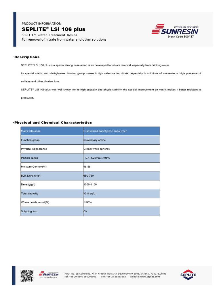 SEPLITE® LSI 106 Plus Nitrate Resin | PDF | Water | Physical Sciences