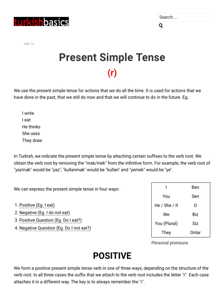 Present Simple Tense in Turkish - Turkish Basics | PDF