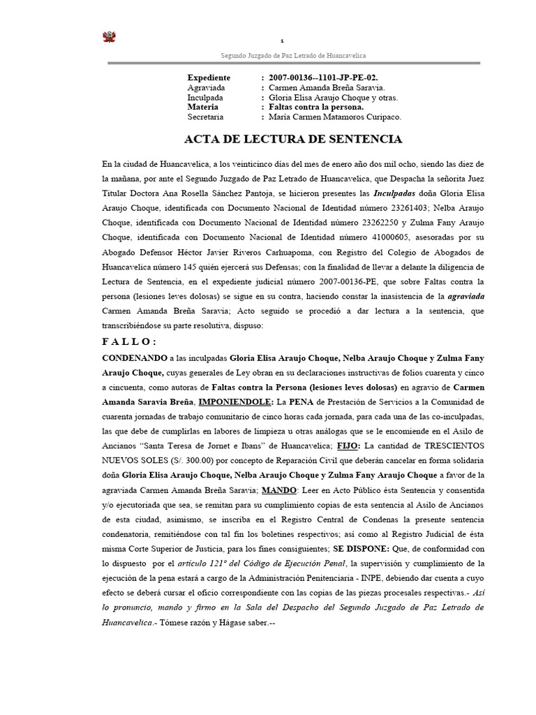 ACTA DE LECTURA DE SENTENCIA_2 | PDF | Sentencia (ley) | Apelación
