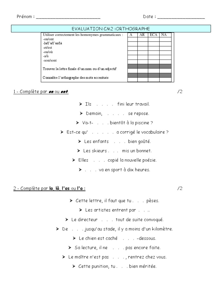 Exercices Homophones A/à Et/est On/ont Son/sont Cm2 Pdf Eval Orth Cm2 Homonymes Lettres Muettes Accent | PDF