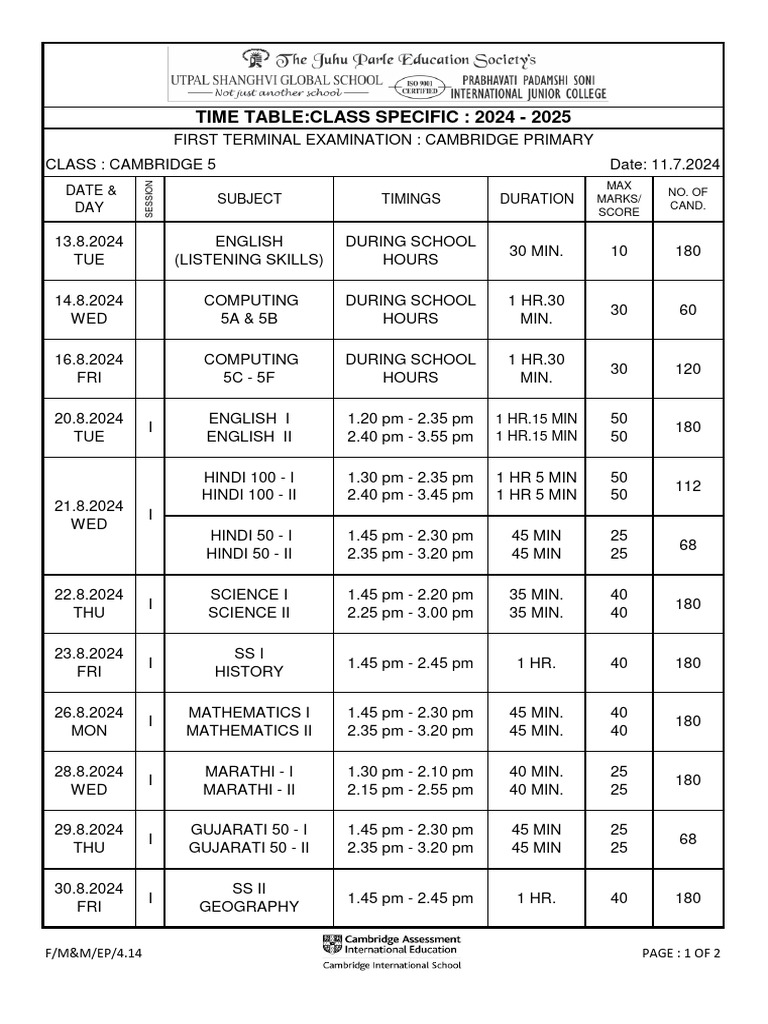 Cambridge Section Class 5 First Term Examination Time Table 2024 2025 PDF