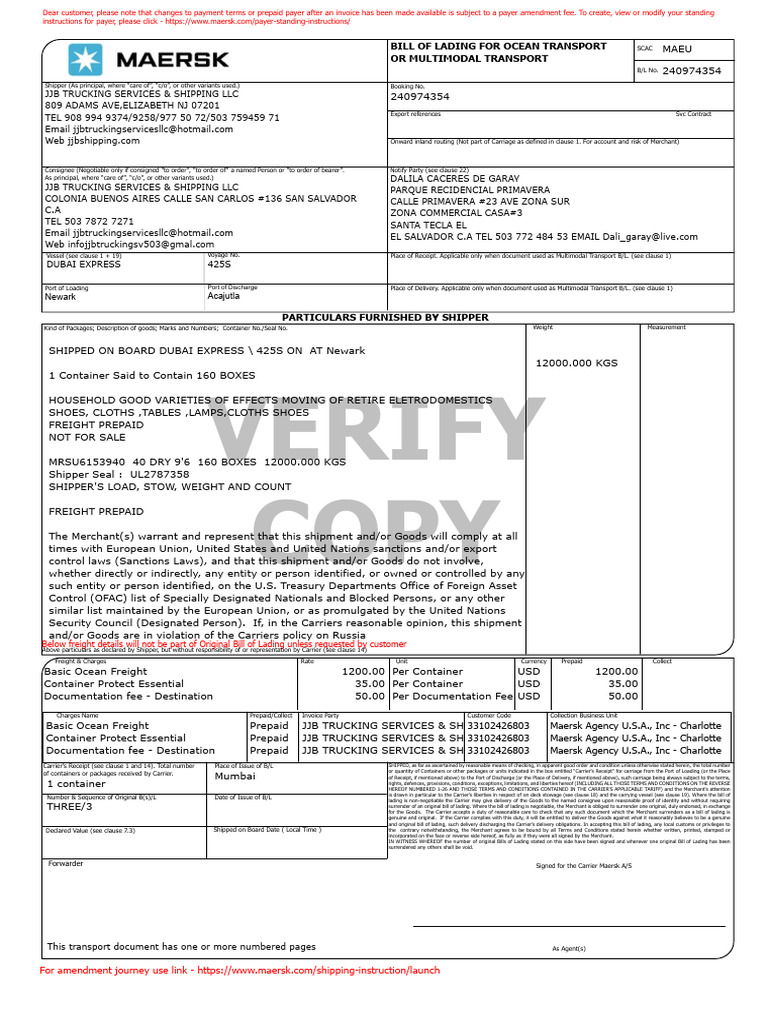Ocean Freight Bill of Lading Details | PDF | Bill Of Lading | Cargo