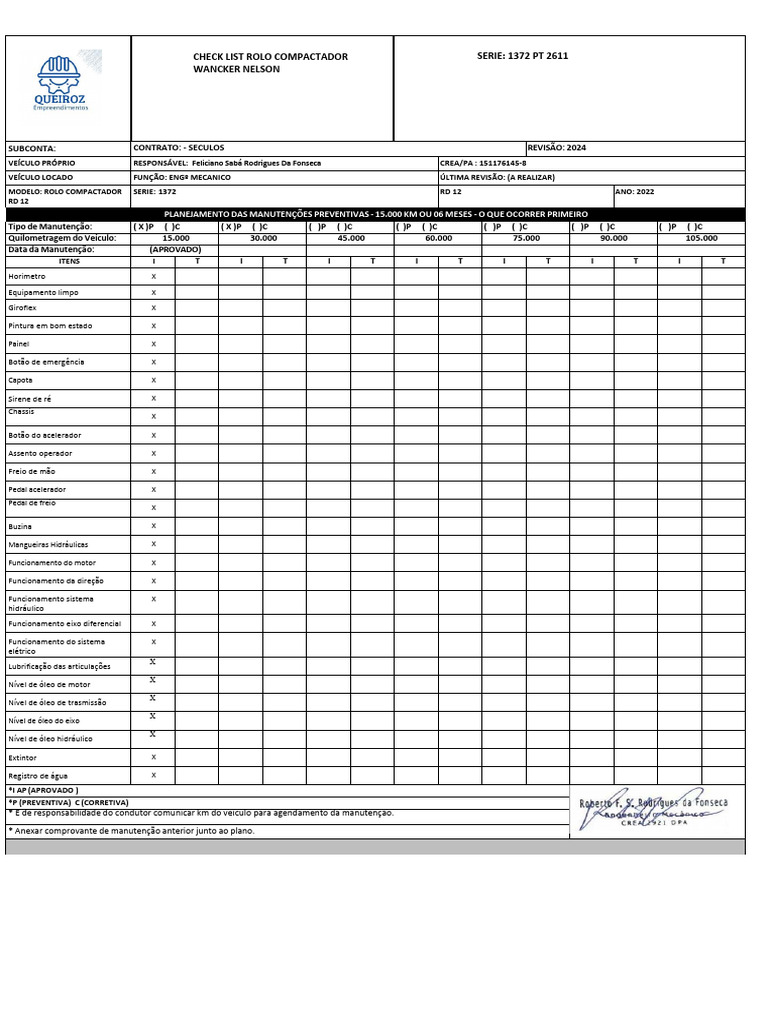 Check List Rolo Compactador RD 12 | PDF | Veículos | Veículo motorizado