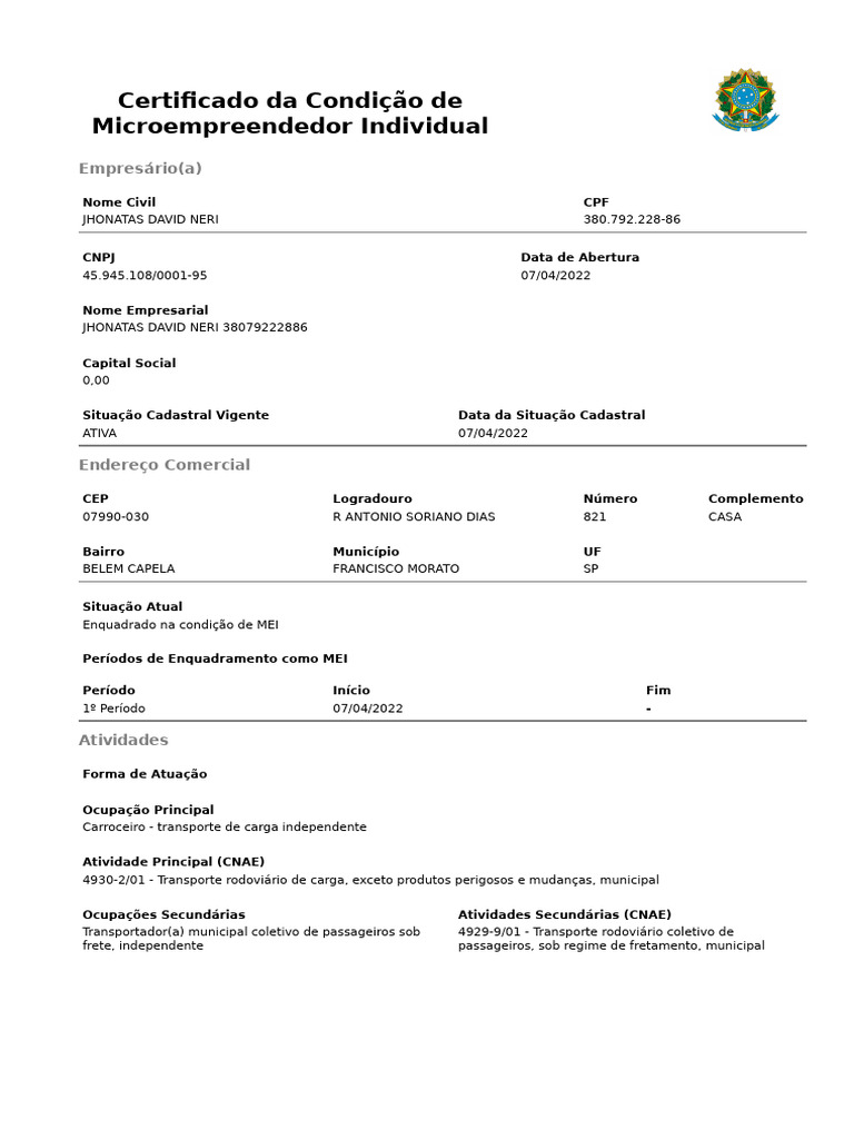 Certificado de Microempreendedor Individual | PDF