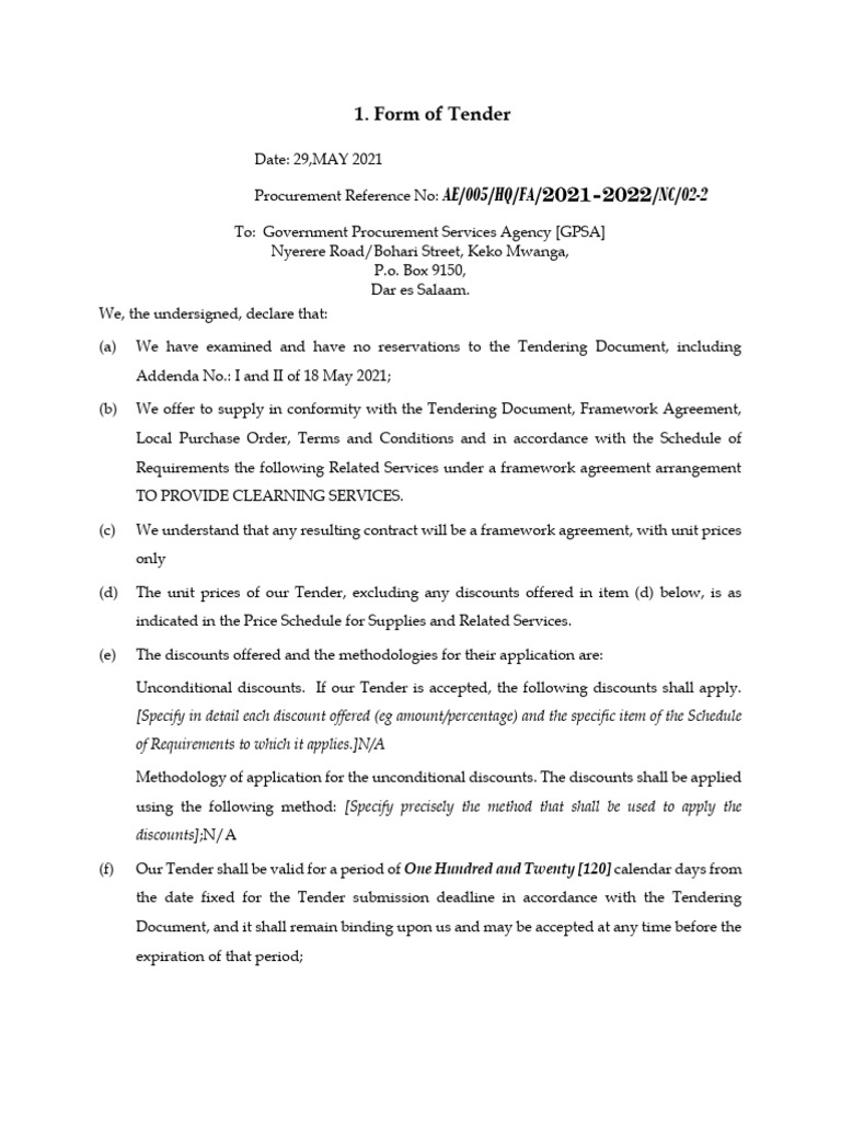 Form of tender clearning dom pdf private law business