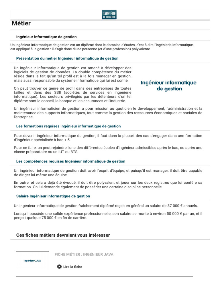Fiche Métier : Ingénieur Informatique de Gestion | PDF | Informatique ...