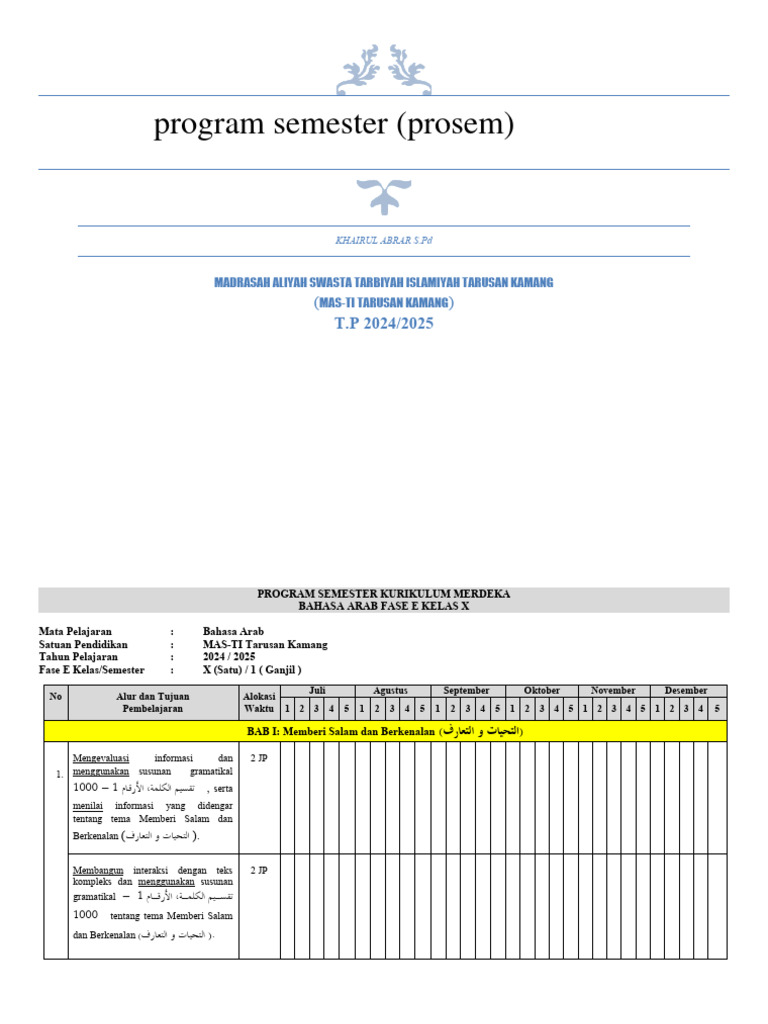 Prosem Bahasa Arab Kelas X Kurikulum Merdeka | PDF