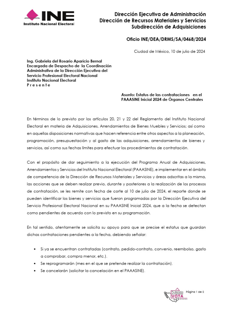 Estatus de Contrataciones INE 2024 | PDF | Gobierno