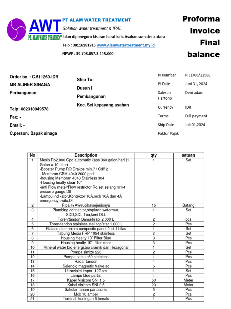 Proforma Invoice for Water Depot Setup | PDF