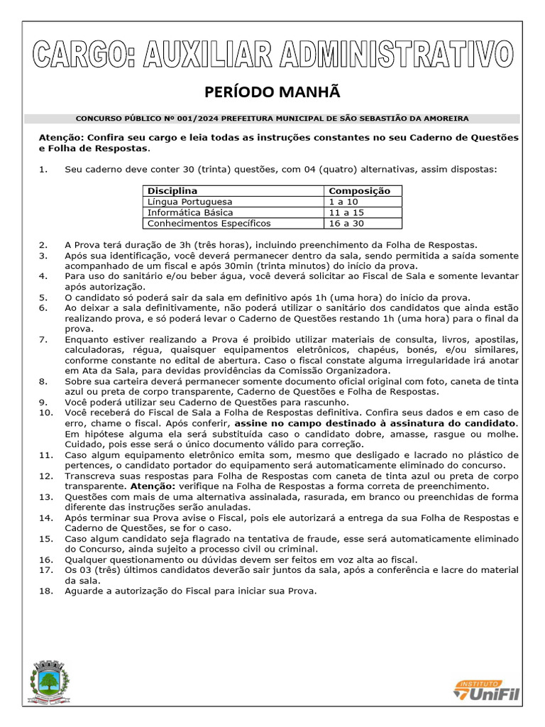 Prova Auxiliar Administrativo Concurso Amoreira 2024 | PDF ...