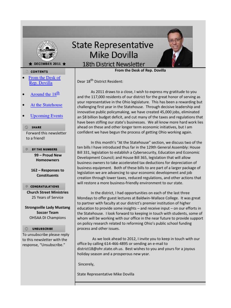 Rep. Dovilla's December Newsletter Update | PDF | Ohio | Computer Security