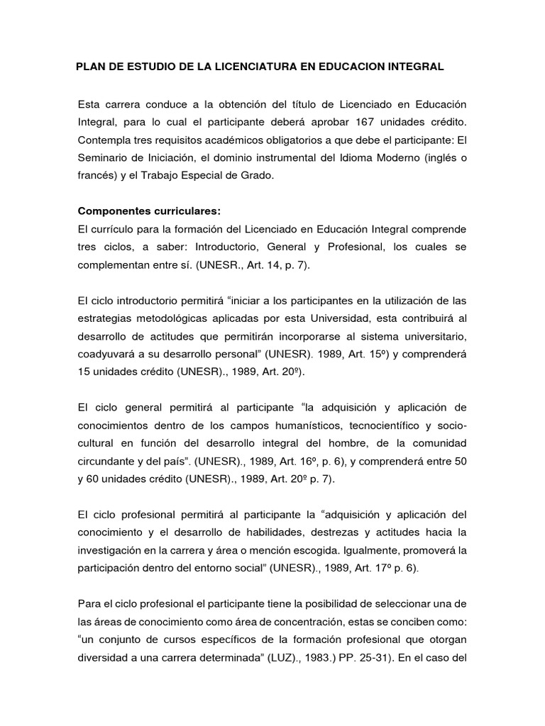 PLAN DE ESTUDIO DE LA LICENCIATURA EN EDUCACION INTEGRAL (Resumen) | PDF