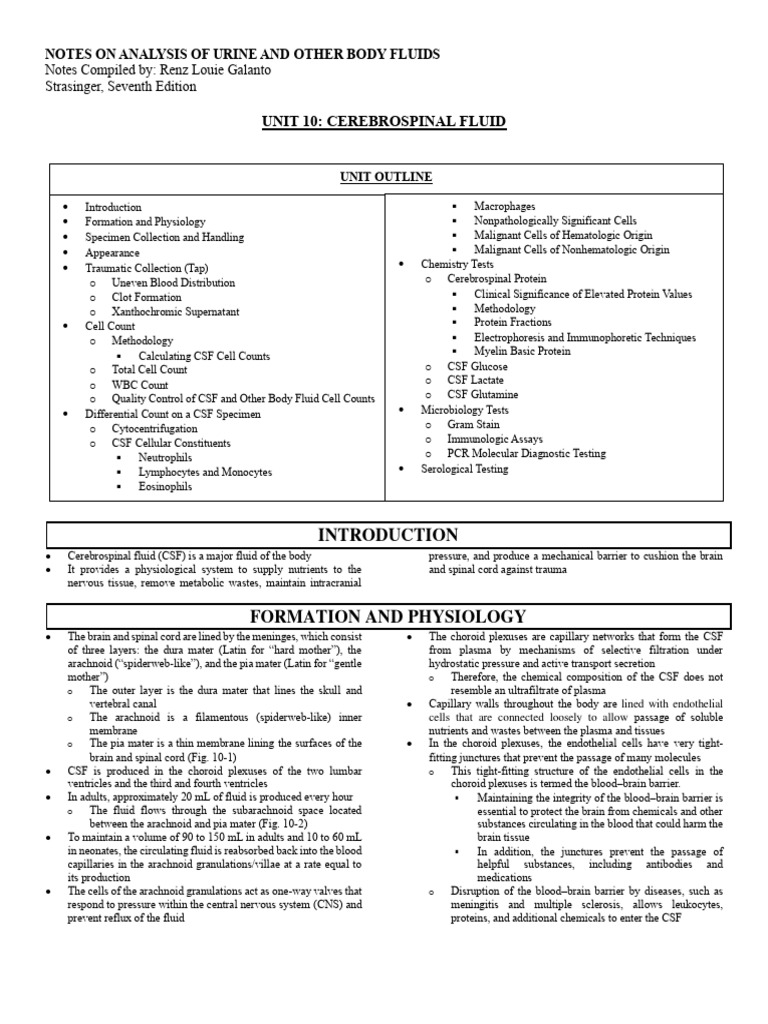 UNIT 10 Cerebrospinal Fluid | PDF | Cerebrospinal Fluid | White Blood Cell