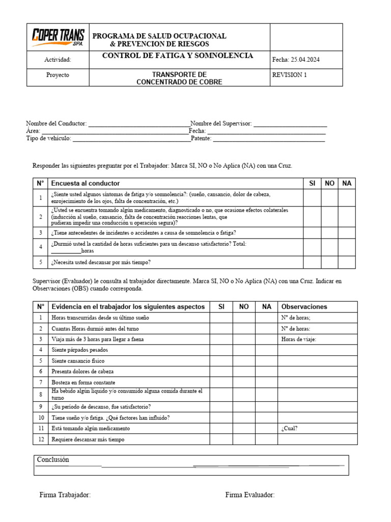 Formato Fatiga y Somnolencia | PDF | Dormir | Seguridad y salud ocupacional