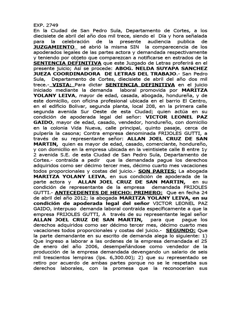 SEN. DEF.280 (Maritza Yolany Leiva Vrs Frijoles Guti) DERECHOS ...