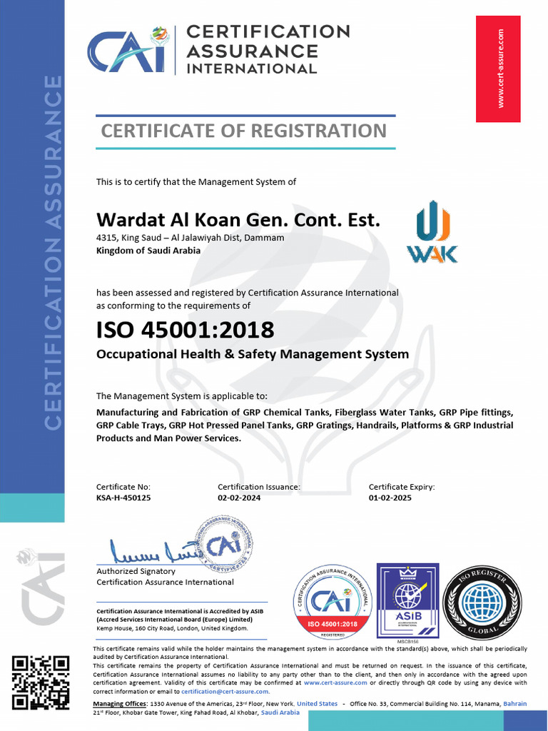 ISO 45001:2018 Certification for Wardat Al Koan | PDF