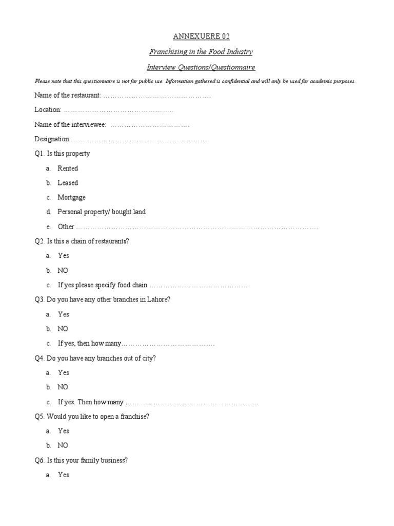 Franchising in The Food Industry Interview Questions/Questionnaire