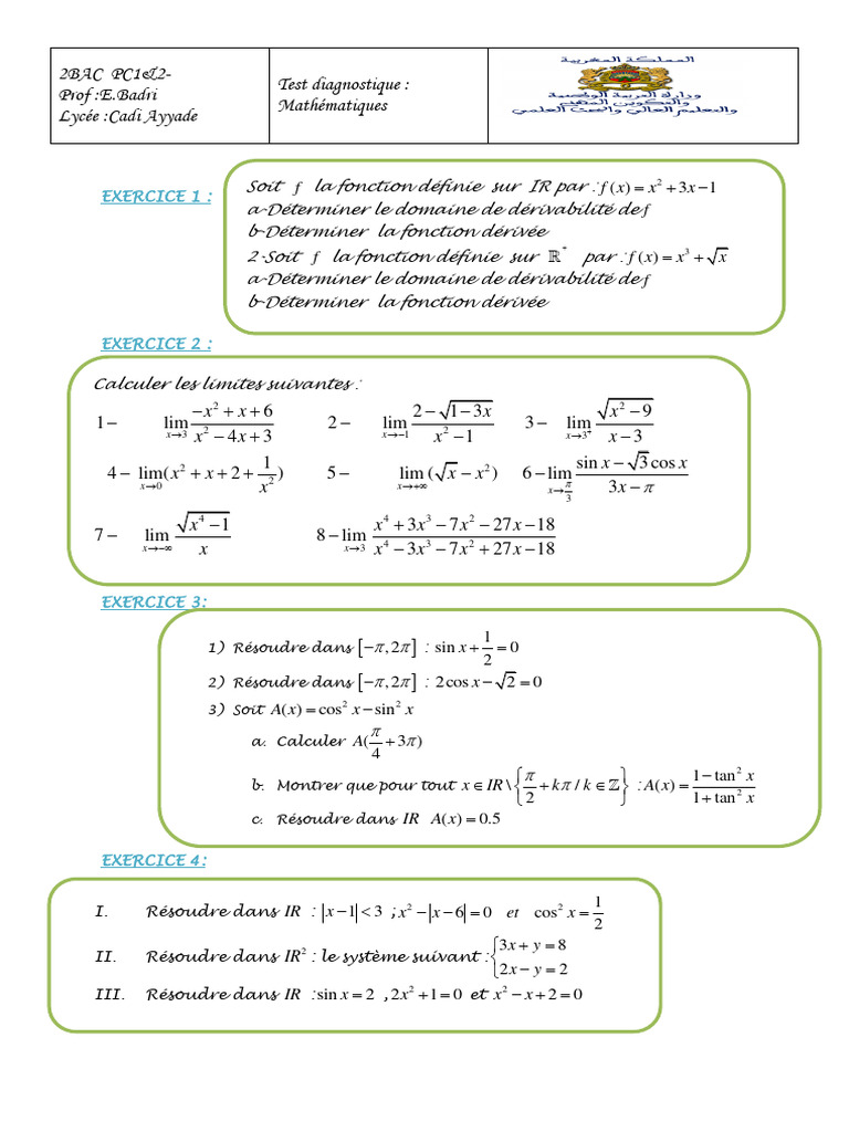 Test Diagnostique Math 2BAC PC | PDF | Mathématiques | Science