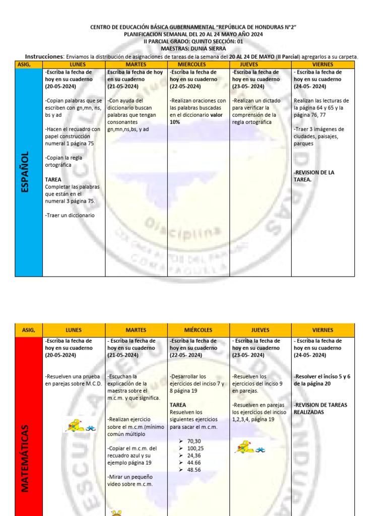 Plan de La Cuarta Semana Del 20 Al 24 Mayo II Parcial Quinto 1 | PDF