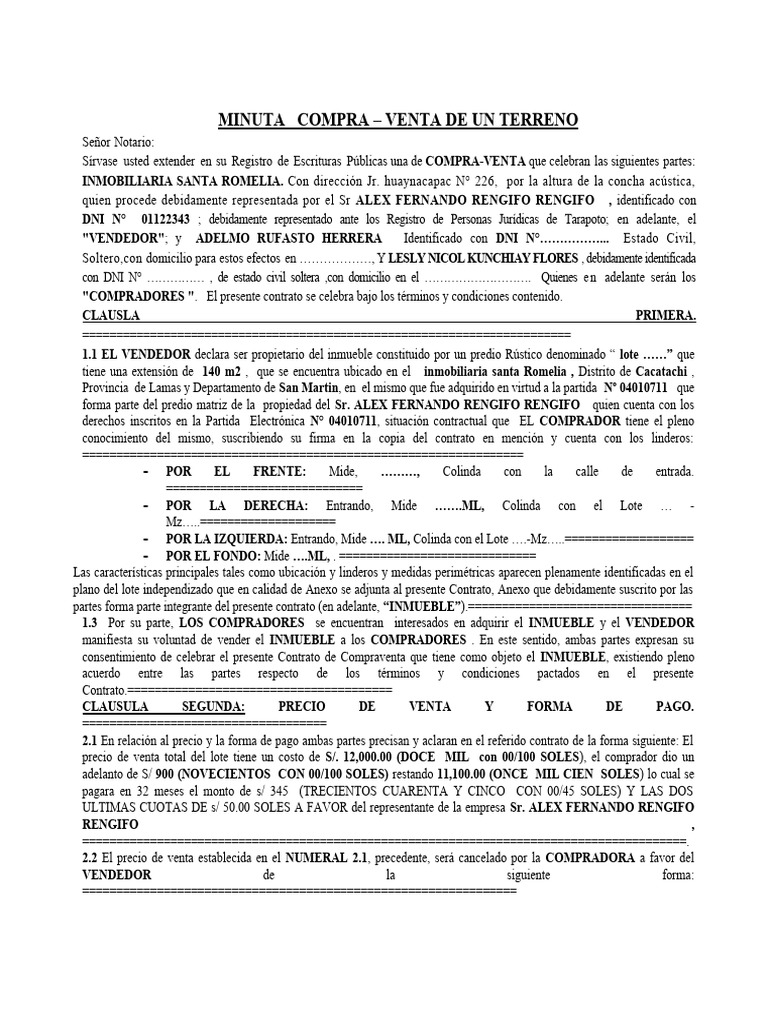 Minuta Compra Venta Terreno Pdf Ley De Obligaciones Derecho