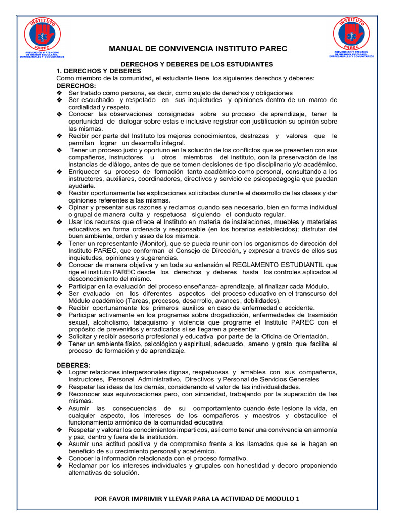 Derechos y Deberes Estudiantiles PAREC | PDF | Aprendizaje | Comportamiento