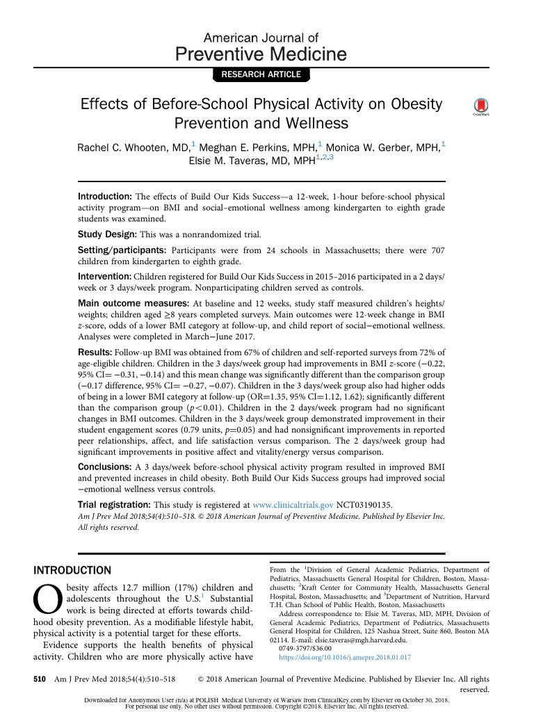 Effects of Before-School Physical Activity On Obesity | PDF | Body Mass ...