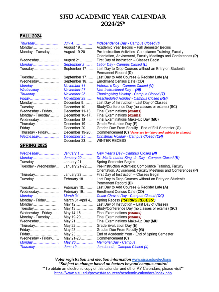 SJSU Academic Calendar 2024-25 | PDF | Academic Term | Schools