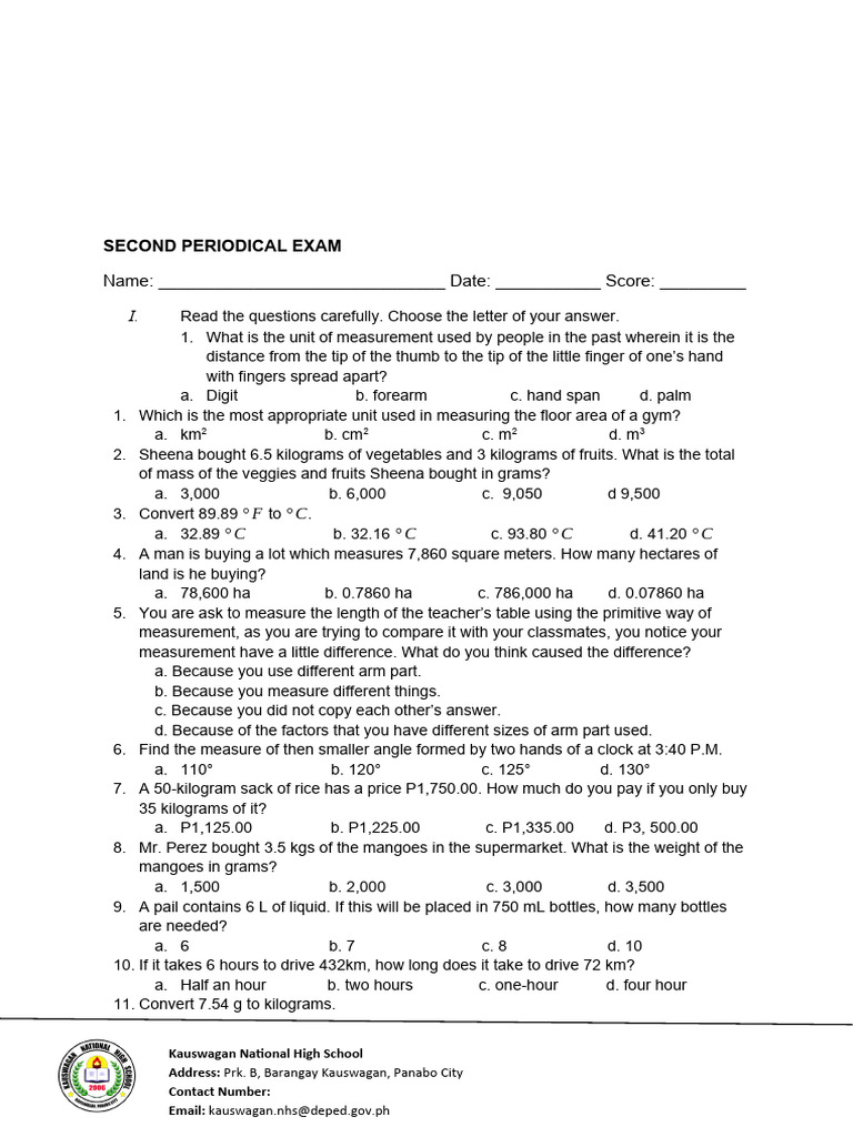G 7 Second Periodical Exam | PDF | Area | Hand