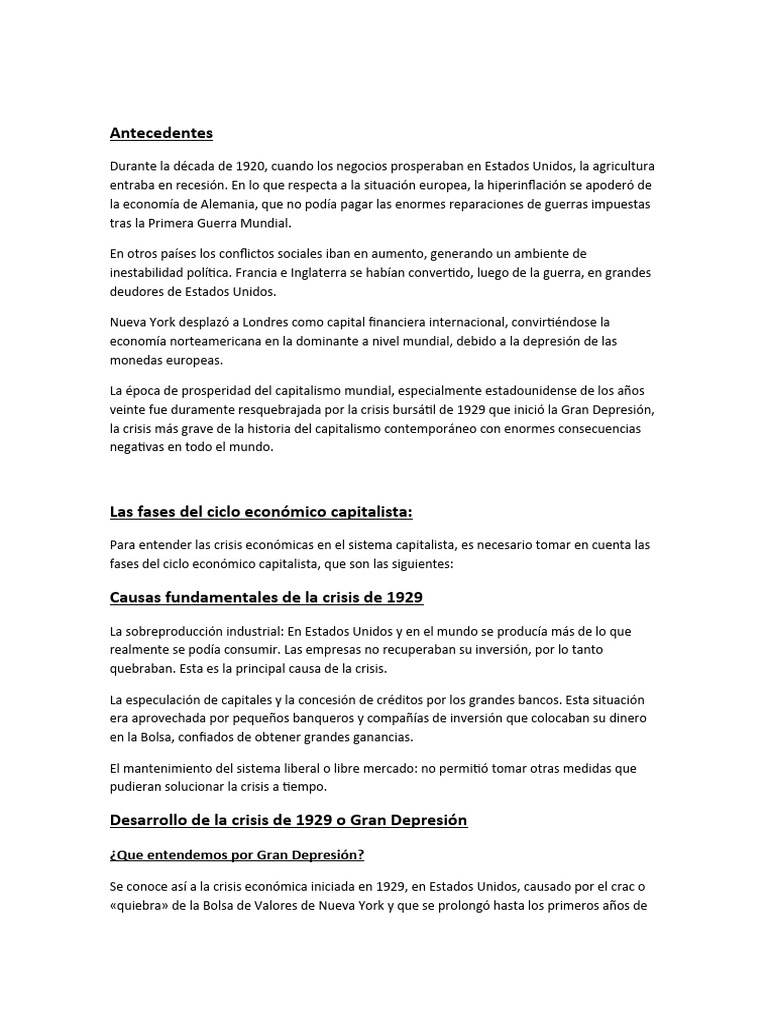 Crisis de 1929: Causas y Consecuencias | PDF | Gran depresion | Nuevo ...