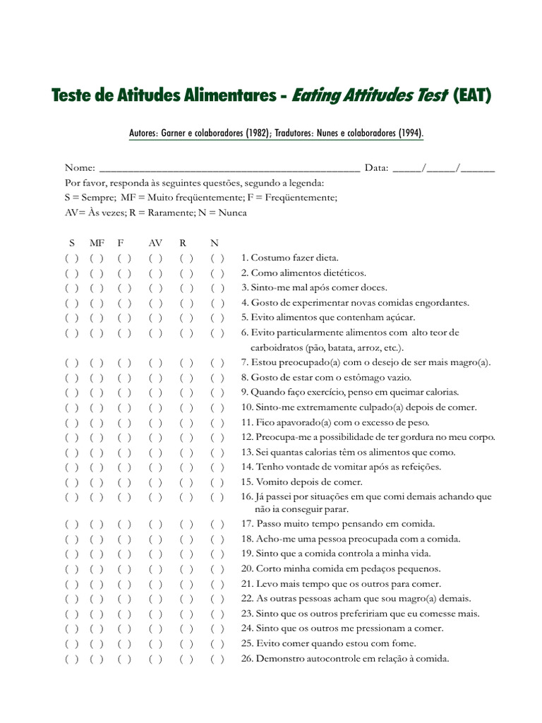 Teste de Atitudes Alimentares - Eating Attitudes Test (EAT) | PDF