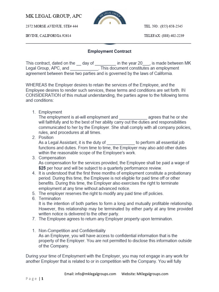 California Employment Contract Sample | PDF | Employment | Business