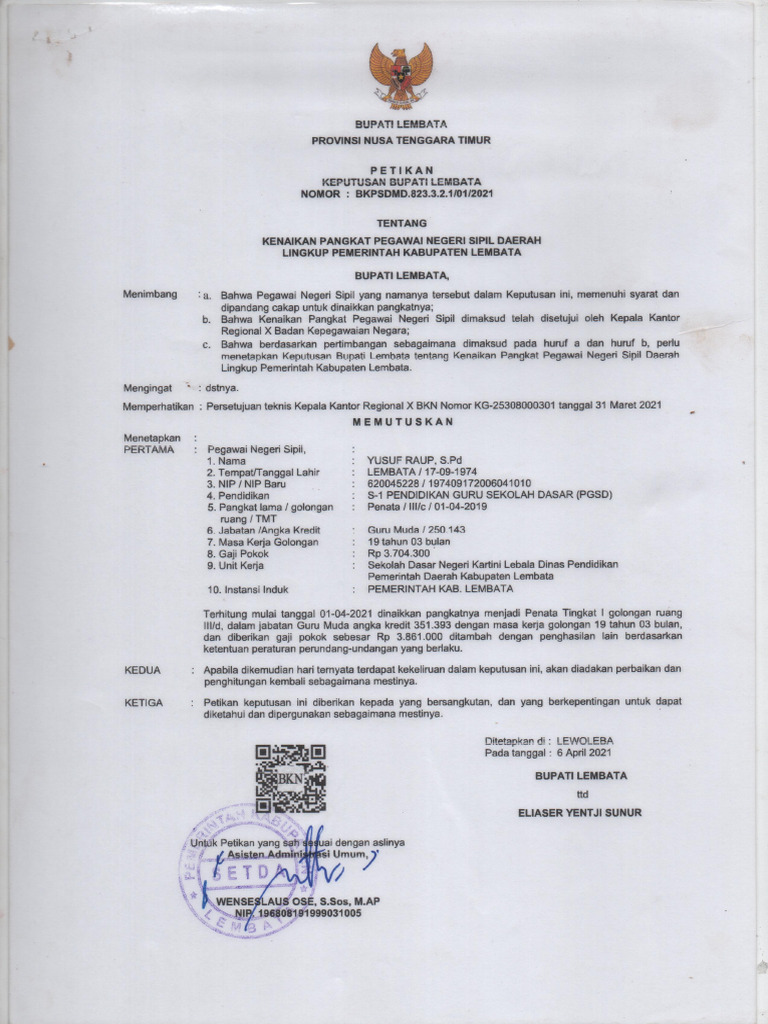SK Kenaikan Pangkat Terakhir Yusuf Rauf | PDF