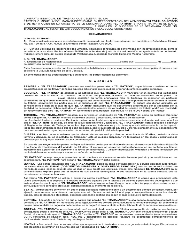 Contrato Bt Total Solutions S De Rl Pdf Salario Tiempo De Trabajo