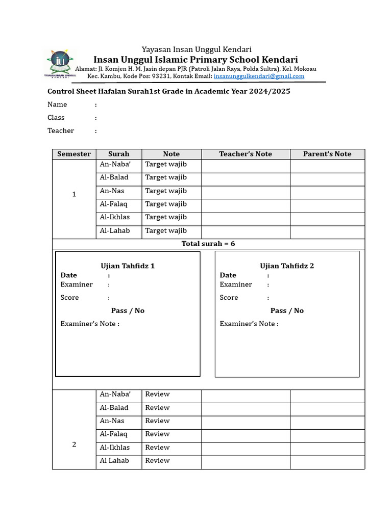 Control Sheet Tahfidz Insan Unggul Islamic Primary School Kendari | PDF ...