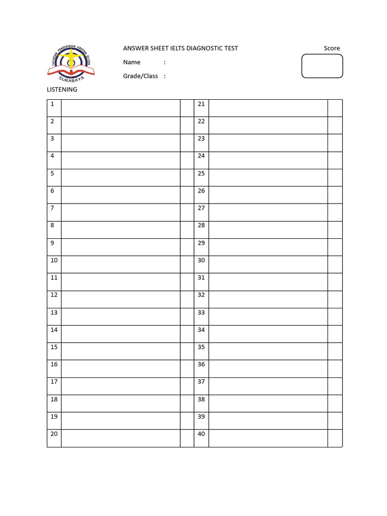 Answer Sheet Ielts Diagnostic Testscore | PDF
