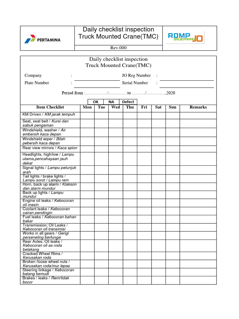 Daily Inspection Checklist for TMC | PDF | Technology & Engineering