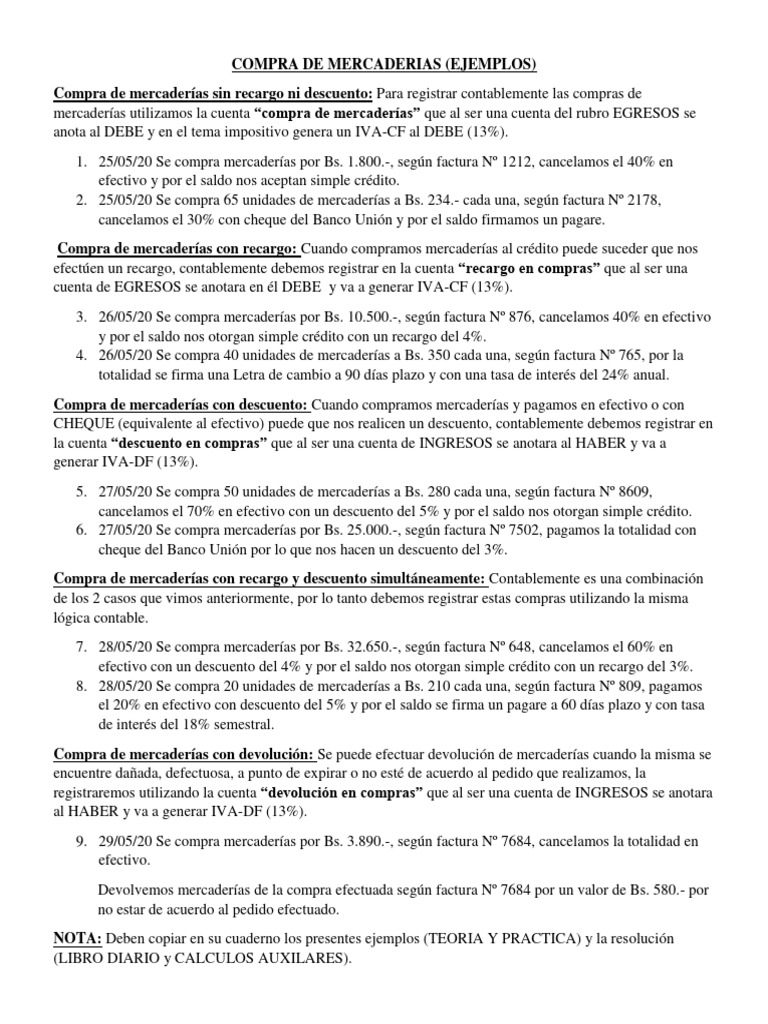 Compra de Mercaderias (Ejemplos) | PDF | Dinero