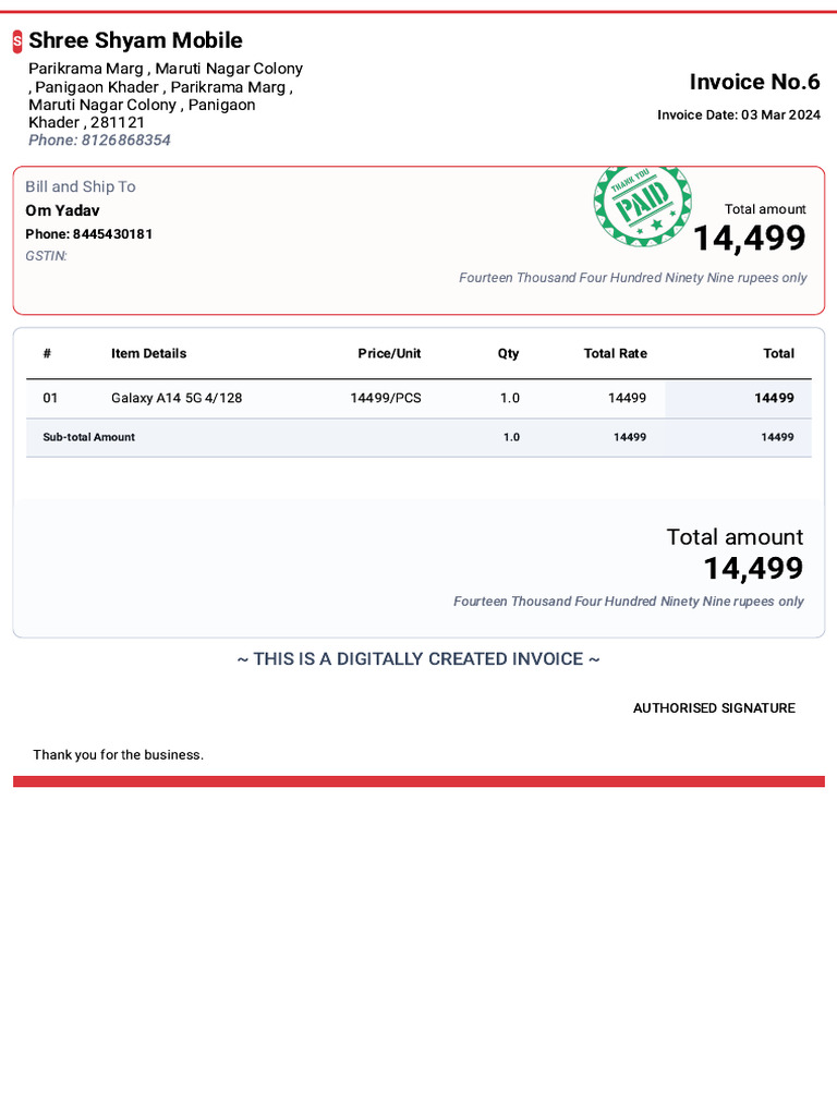Invoice for Galaxy A14 5G Purchase | PDF