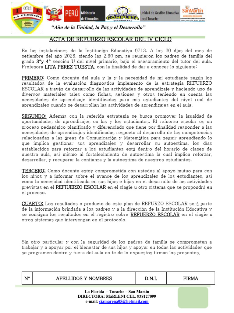 Acta de Refuerzo Escolar Del Iv Ciclo - 2023 | PDF | Salón de clases ...