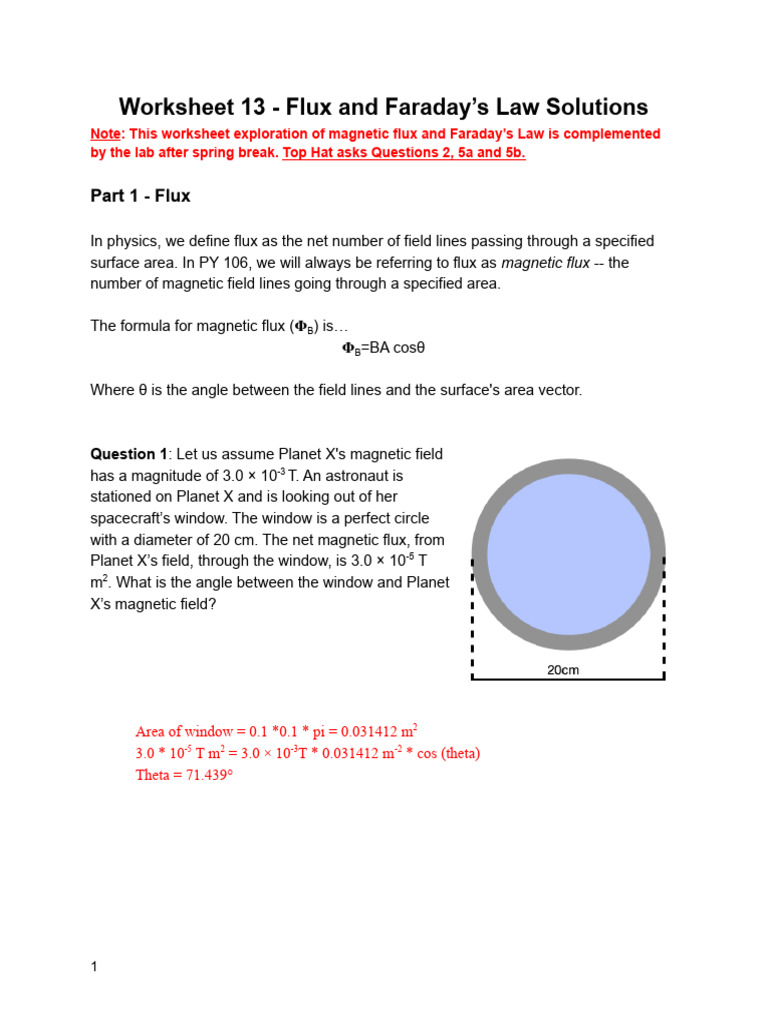 Flux and Faraday’s Law Worksheet Solutions | PDF | Inductor | Flux