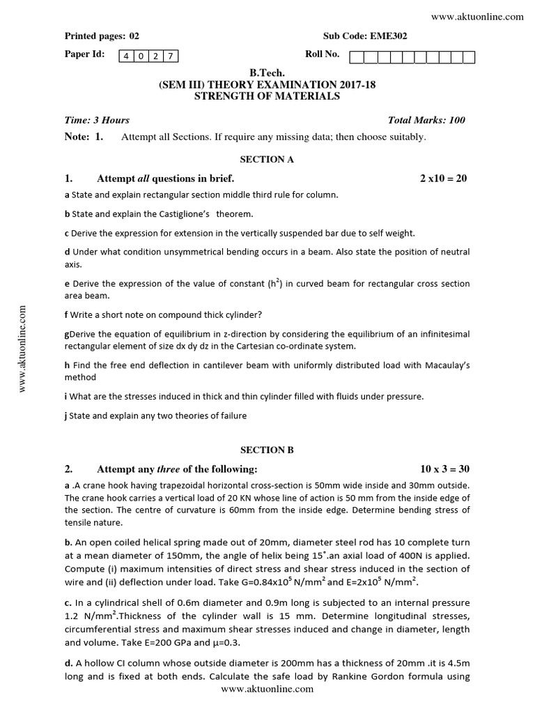 Strength of Materials Exam Paper 2017-18 | PDF | Stress (Mechanics ...