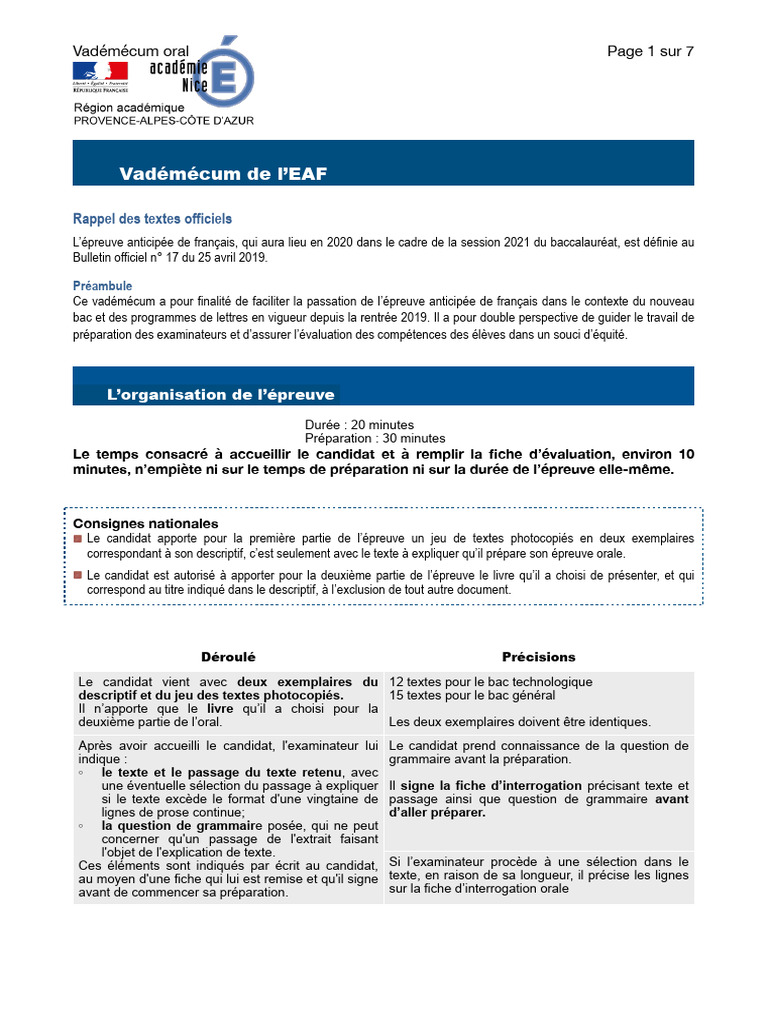 Vadémécum de l'EAF : Épreuve orale de français | PDF | Phrase | Question