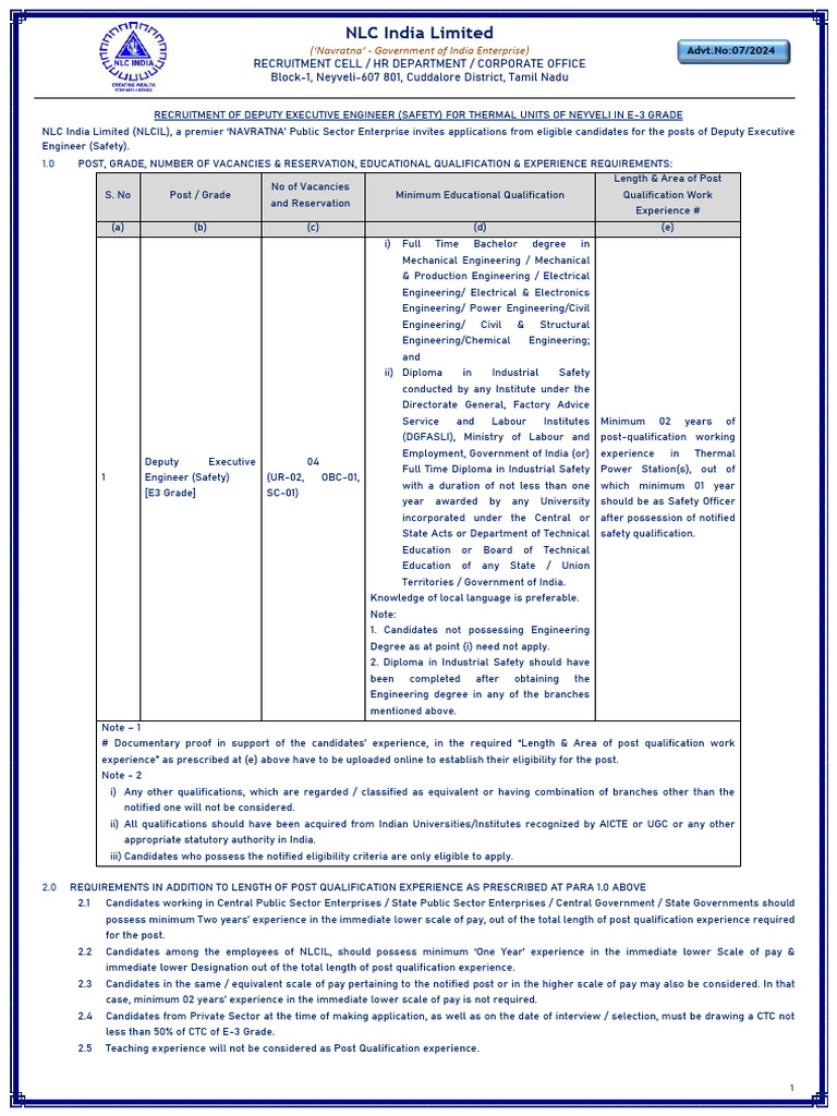 Deputy Executive Engineer (Safety) Recruitment | PDF | Diploma