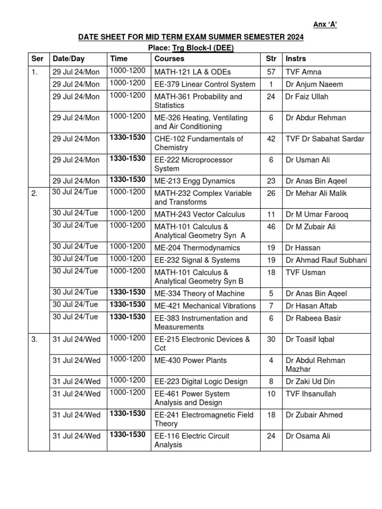 Date Sheet Mid Term Exam Summer Semester 2024 (UG) | PDF | Applied ...